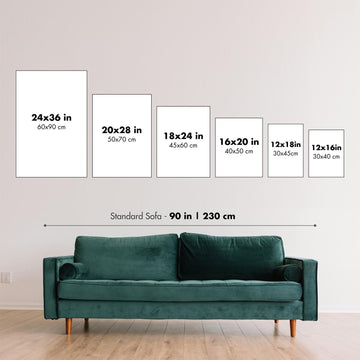 Thumbnail image showing different sizes of product, with a sofa for comparison.