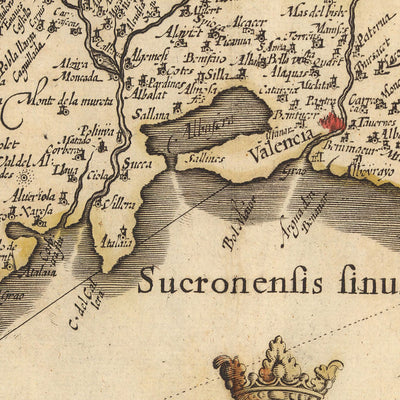 Mapa antiguo del Reino de Valencia, España de Visscher, 1690: Murcia, Valencia, Alicante, Dénia, Castellón de la Plana