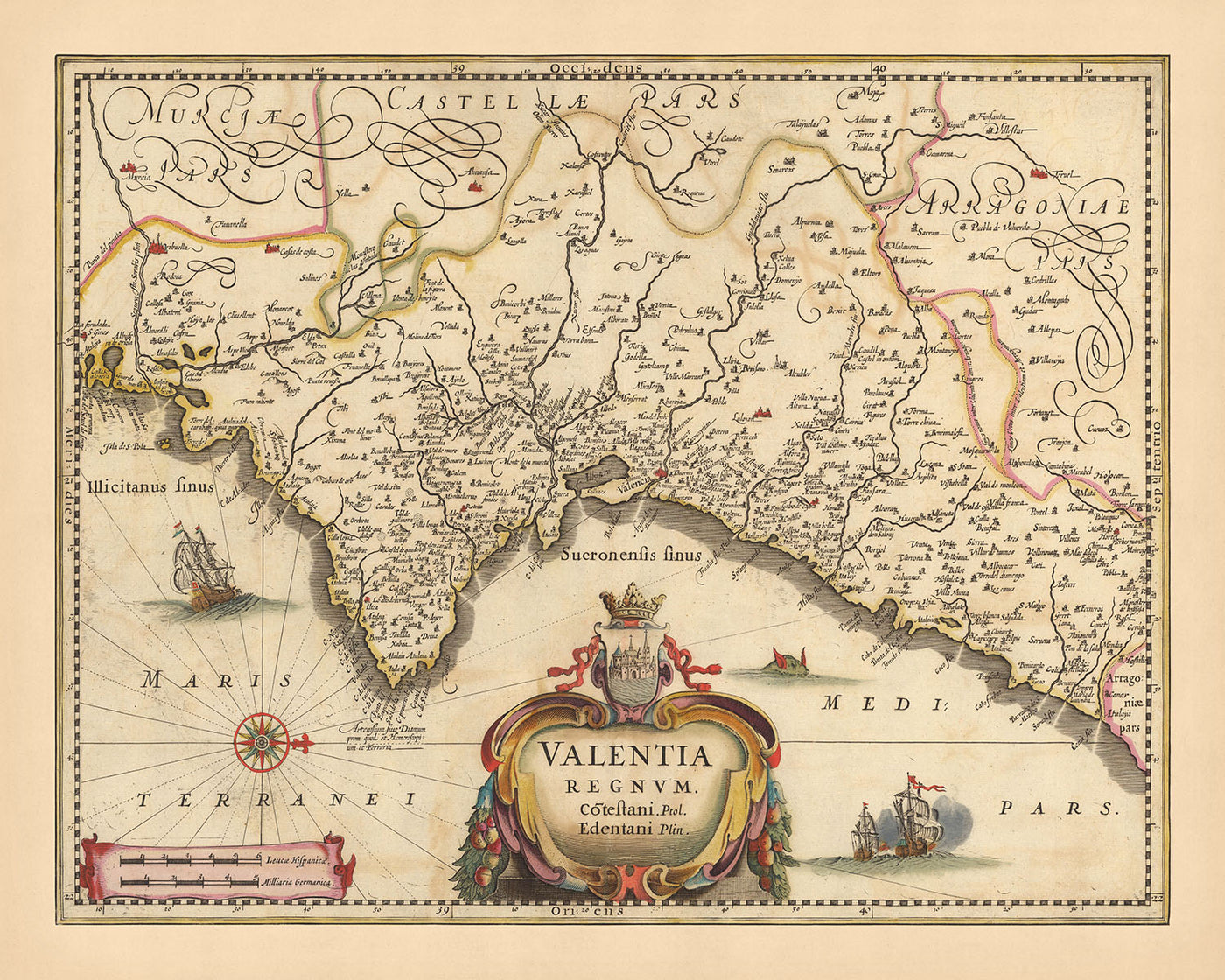 Mapa antiguo del Reino de Valencia, España de Visscher, 1690: Murcia, Valencia, Alicante, Dénia, Castellón de la Plana