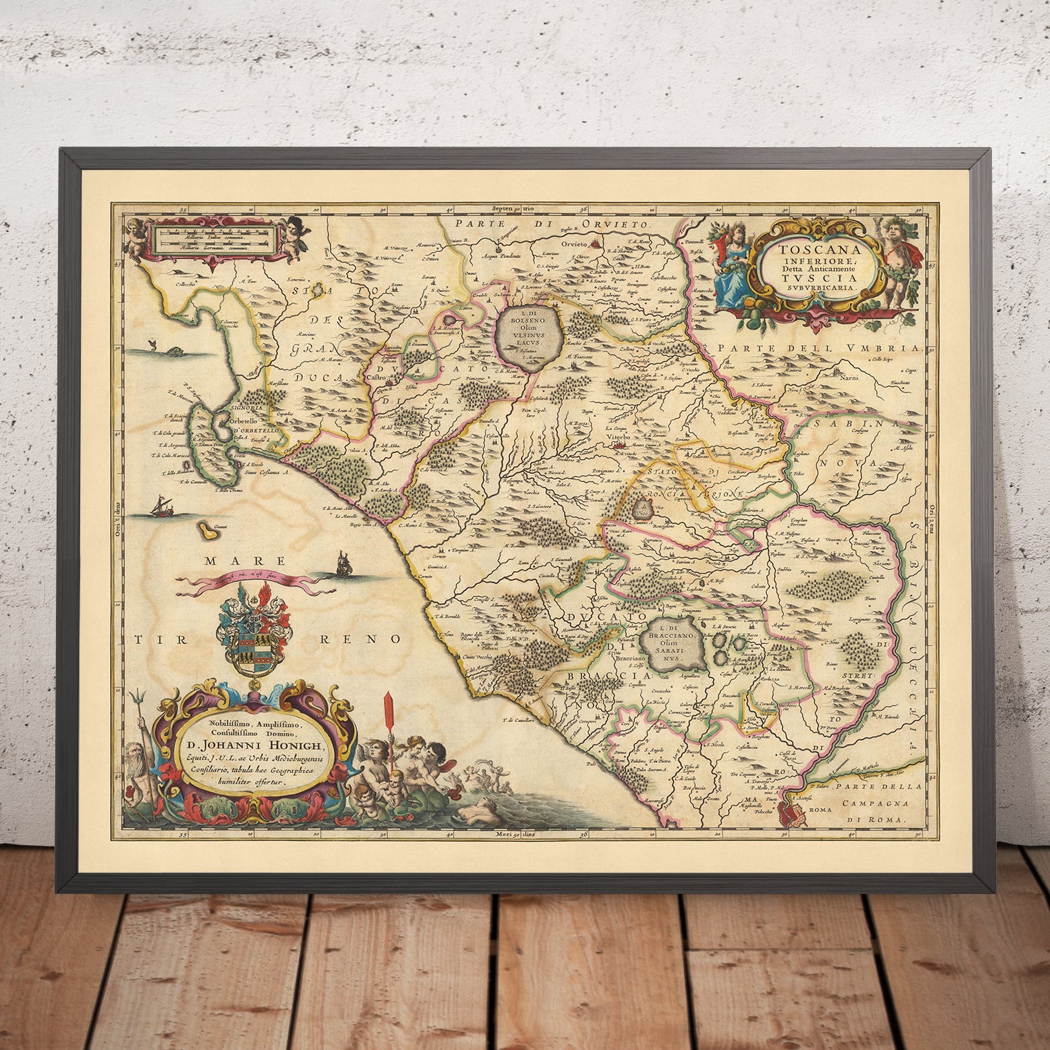Mapa antiguo de la Baja Toscana, Italia por Visscher, 1690: Viterbo