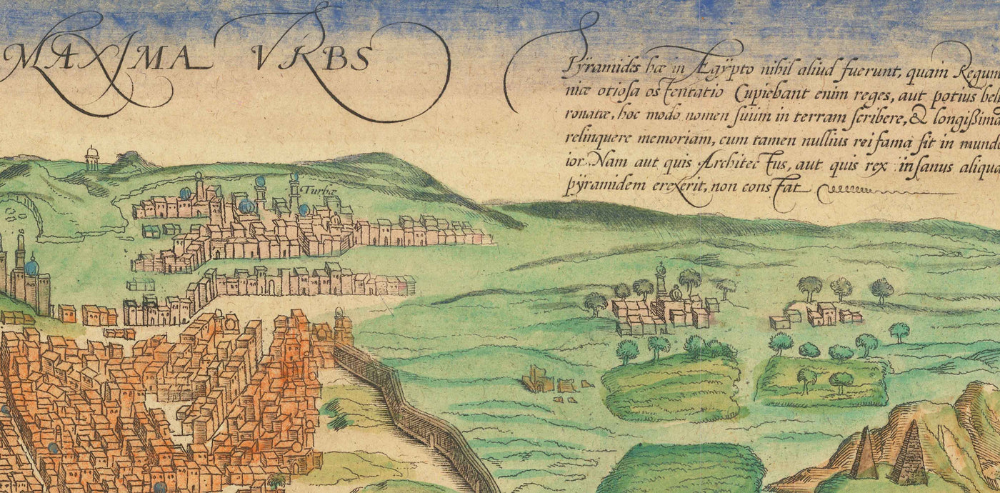 Old Map of Cairo in 1572 by Georg Braun - River Nile, Giza, Egypt, Great Pyramids & Sphinx, Ottoman Empire