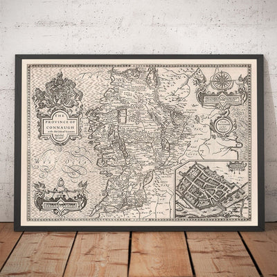 Old Monochrome Map of Connacht, Ireland 1611 by John Speed - Galway, Sligo, Mayo, Leitrim, Clare