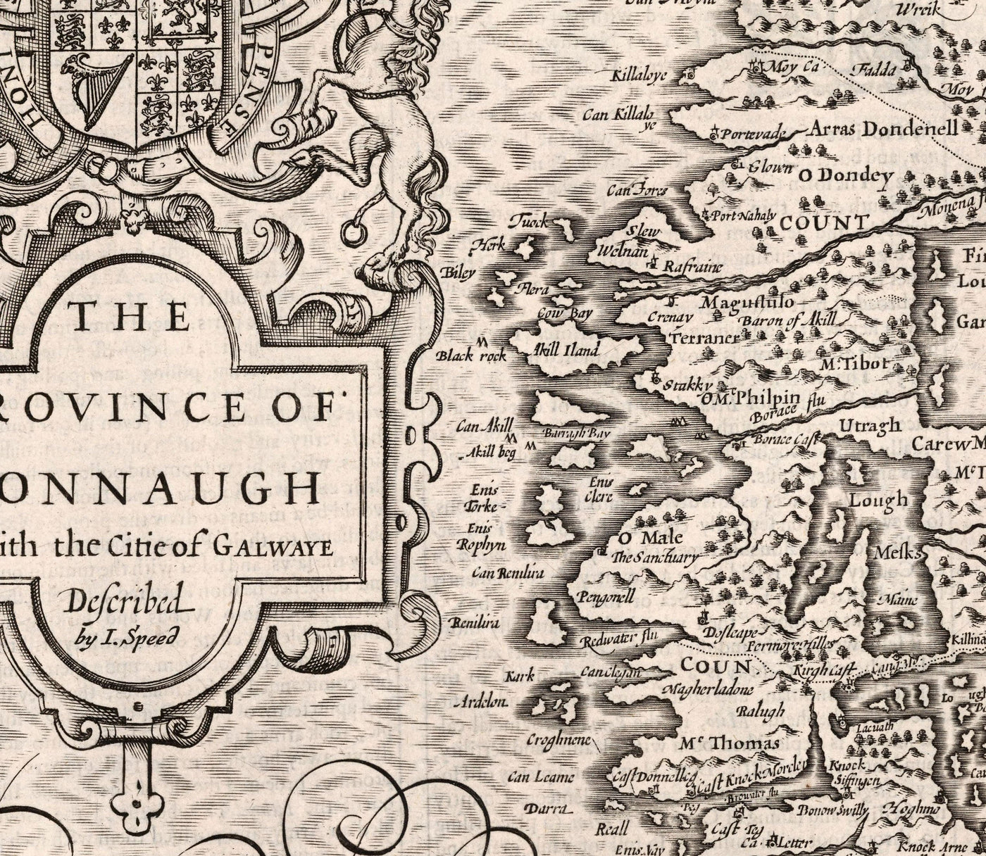 Old Monochrome Map of Connacht, Ireland 1611 by John Speed - Galway, Sligo, Mayo, Leitrim, Clare