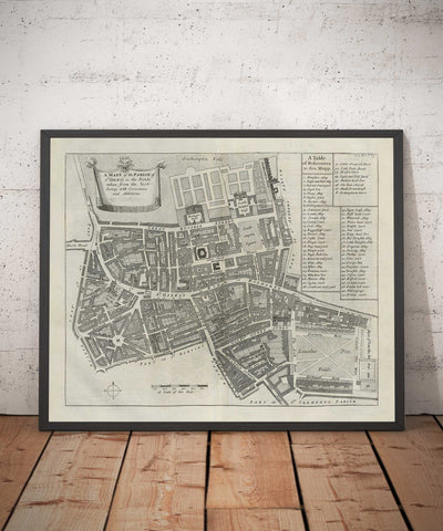 Mapa antiguo de Londres St Giles en 1720 por John Strype y John Stow - Great Russell Street, Lincoln's Inn Fields, High Holborn, Drury Lane