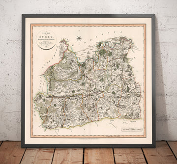 Antiguo mapa de Surrey en 1801 por John Cary - Guildford, Haslemere, Streatham, Reigate, Dorking