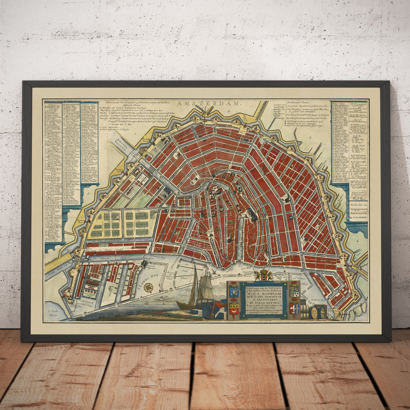 Mapa antiguo de Amsterdam en 1766 por Frederik Willem Greebe - El Amstel, La Iglesia Oude, Nieuwevaart, Palacio Real, Lastage