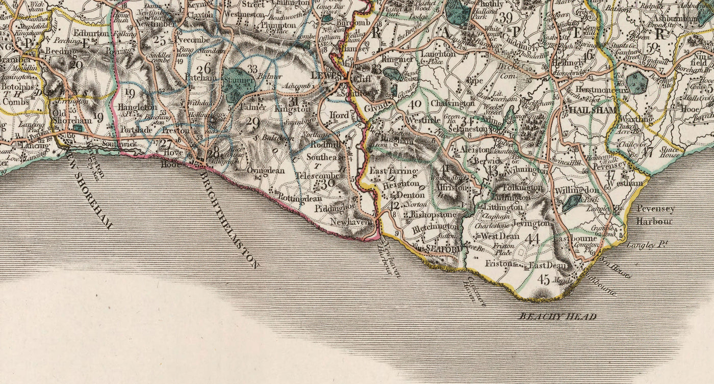 Ancienne carte du Sussex en 1801 par John Cary - Brighton, Hastings, Eastbourne, Preston, Dumford