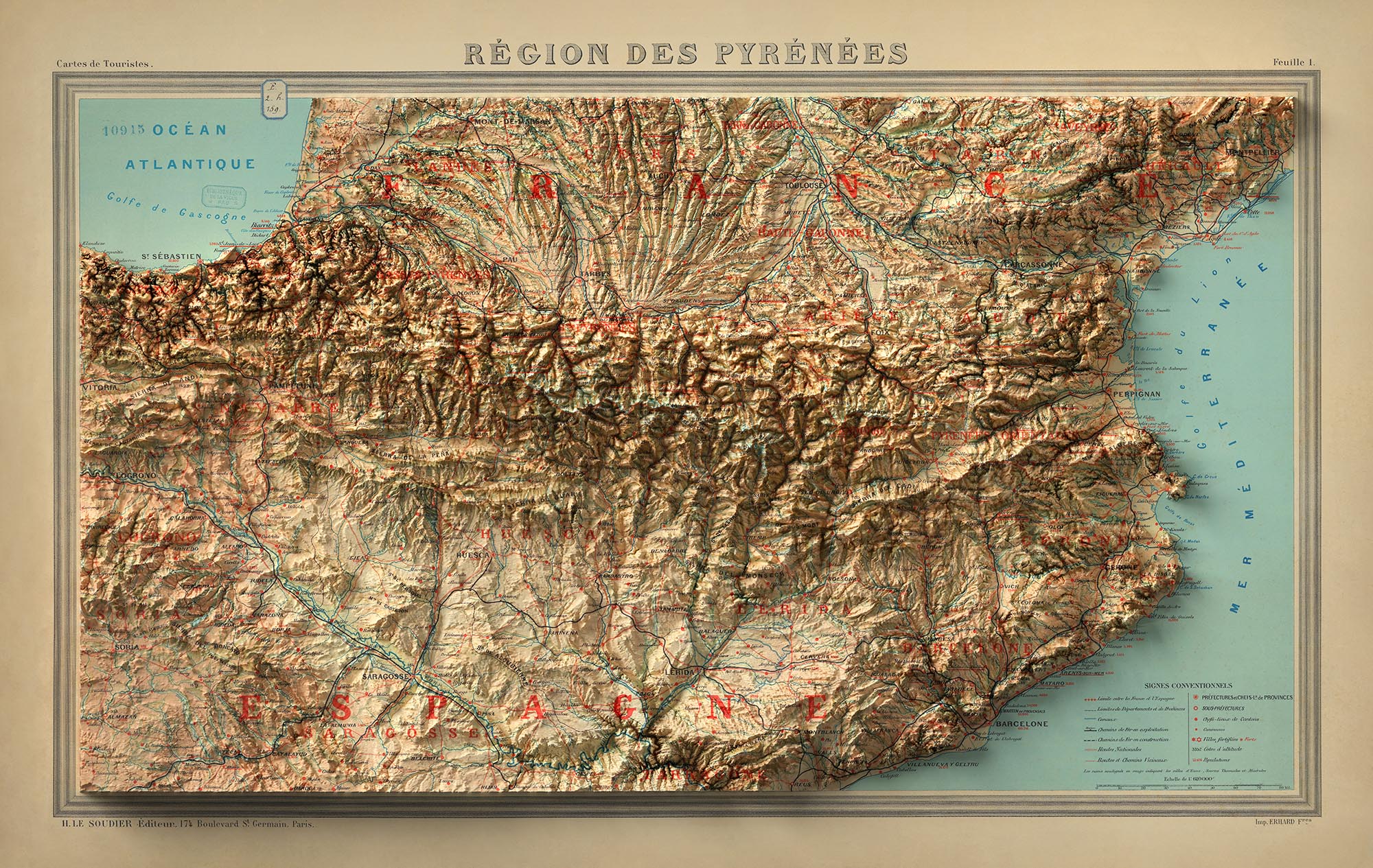 Pyrenees World Map Old Map of the Pyrenees Mountains, 1920: Southern France and Northern ...