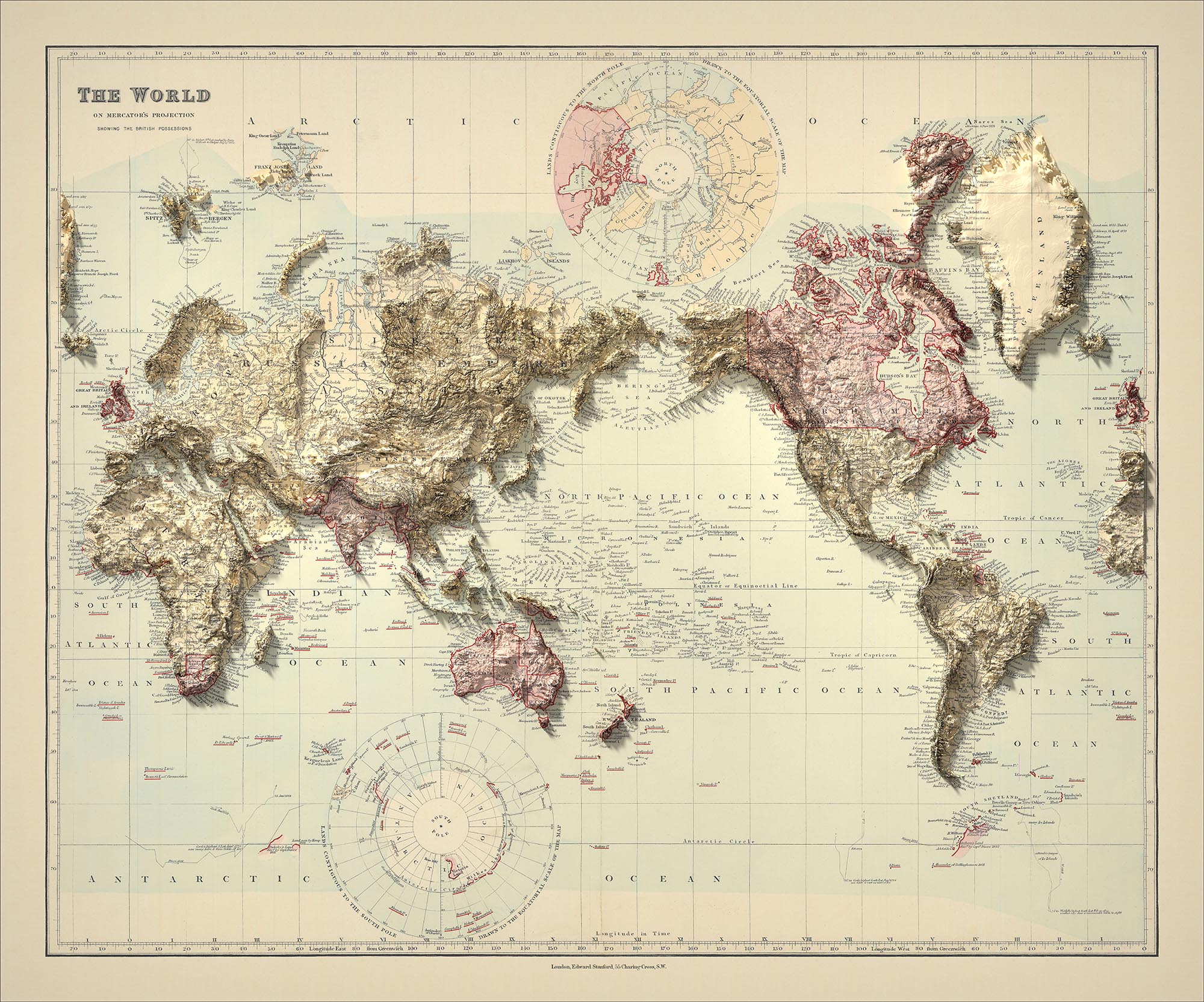 Old Mercator World Map of the British Empire by Stanford, 1894: Centre ...