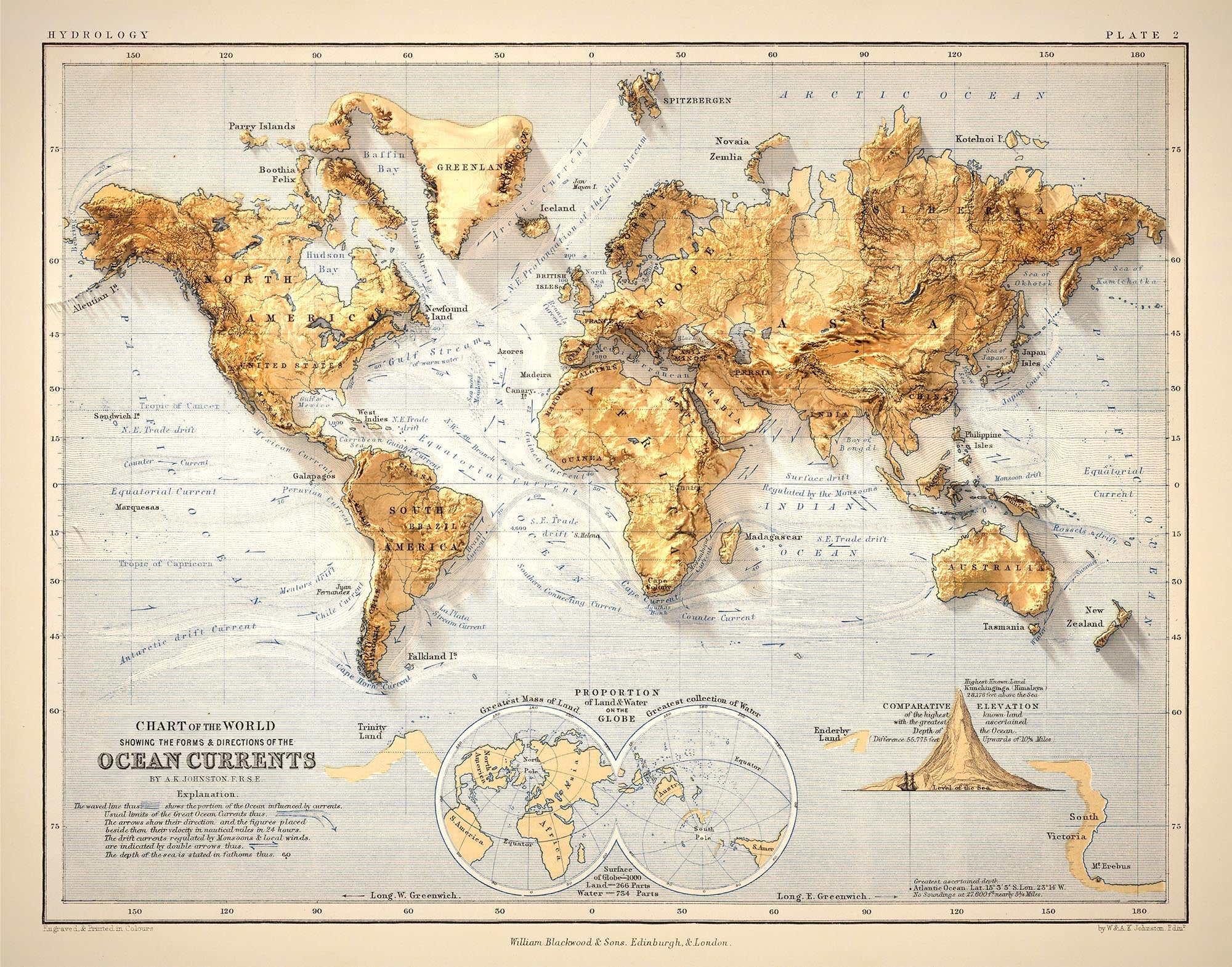 Old World Map of Ocean Currents by Johnston, 1852: Victorian chart; Gu ...