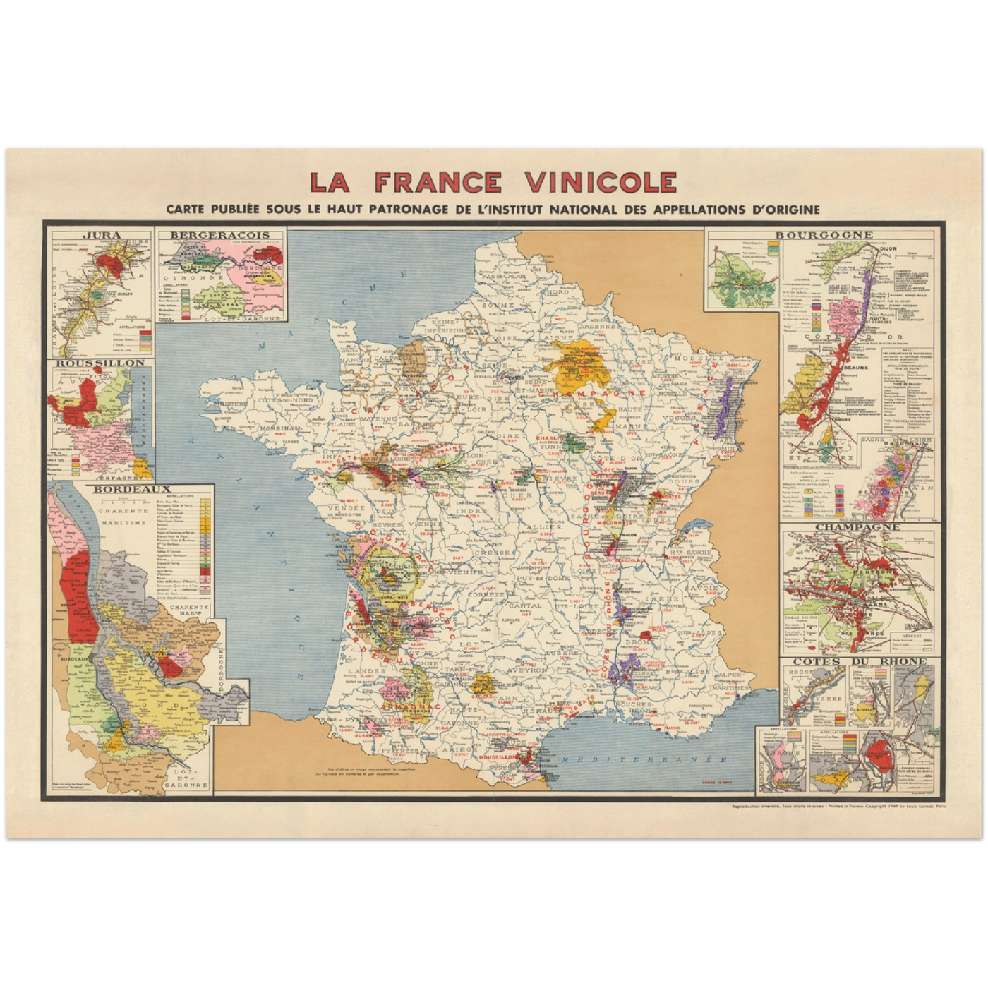 Alte Karte der Weinberge in Frankreich "La France Vinicole", 1939 - Bordeaux, Bourgogne, Champagne, Cotes Du Rhone, Bergeracois