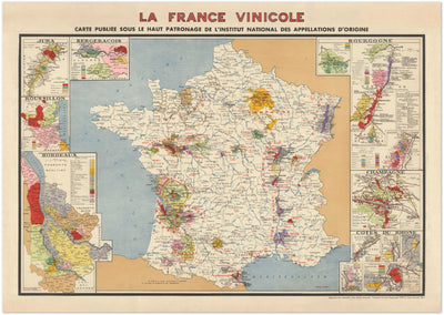 Old Map of Vineyards in France "La France Vinicole", 1939 - Bordeaux,  Bourgogne, Champagne,  Cotes Du Rhone, Bergeracois