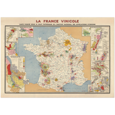 Mapa antiguo de viñedos en Francia "La France Vinicole", 1939 - Burdeos, Borgoña, Champaña, Cotes Du Rhone, Bergeracois