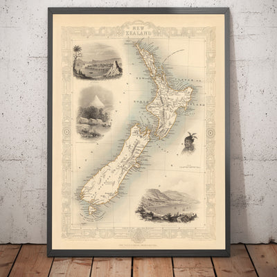 Antiguo mapa de Nueva Zelanda en 1851 por Tallis y Rapkin - Auckland, Tauranga, Christchurch, Wellington, New Plymouth