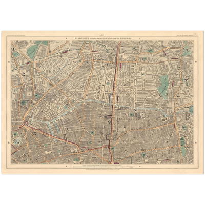 Ancienne carte en couleur de l'est de Londres, 1891 - Hoxton, Haggerston, Dalston, Hackney, Bethnal Green - N1, N5, E8, E2, EC1