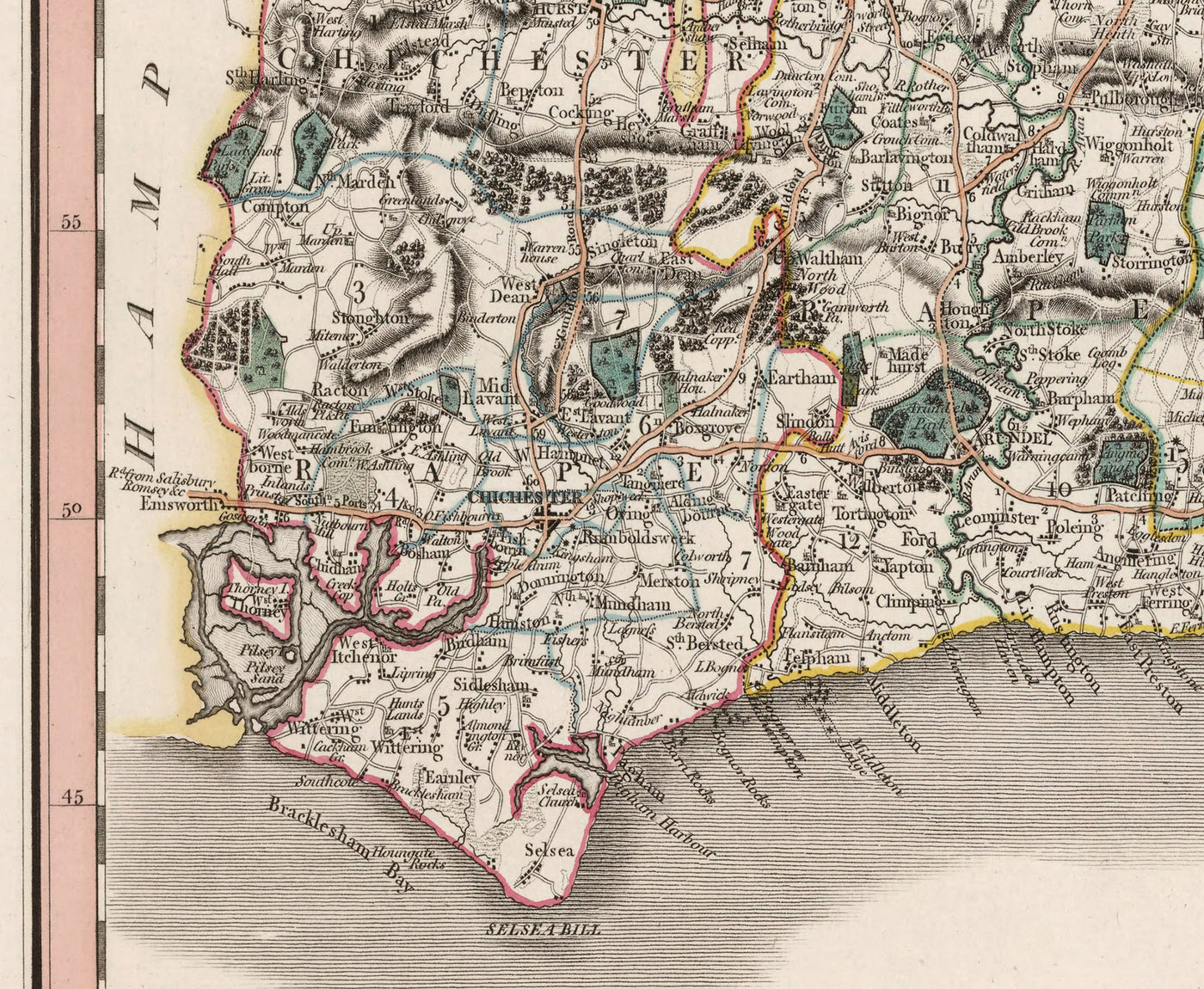 Antiguo mapa de Sussex en 1801 por John Cary - Brighton, Hastings, Eastbourne, Preston, Dumford