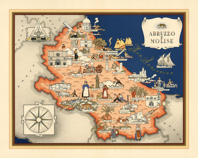 Mapa antiguo de Abruzzo e Molise, 1938: L'Aquila, Campobasso, Teramo, Pescara, Chieti