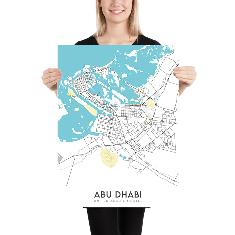 Mapa moderno de la ciudad de Abu Dhabi, Emiratos Árabes Unidos: Gran Mezquita Sheikh Zayed, Palacio de los Emiratos, Corniche Road, Al Bateen, Isla Yas