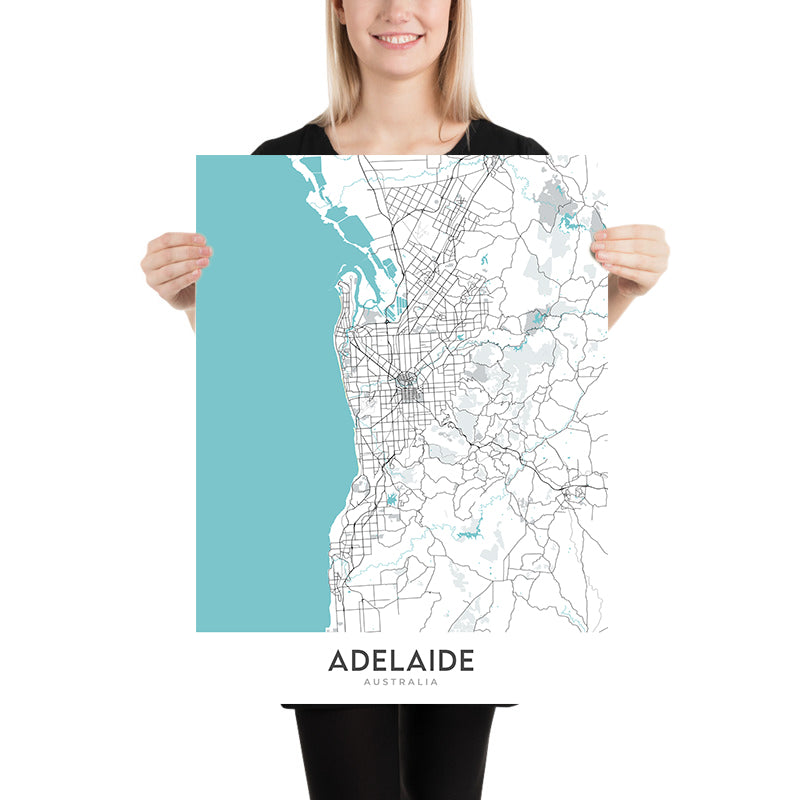 Mapa moderno de la ciudad de Adelaida, Australia: CBD, Glenelg, Adelaide Oval, Jardín Botánico, Zoológico de Adelaida