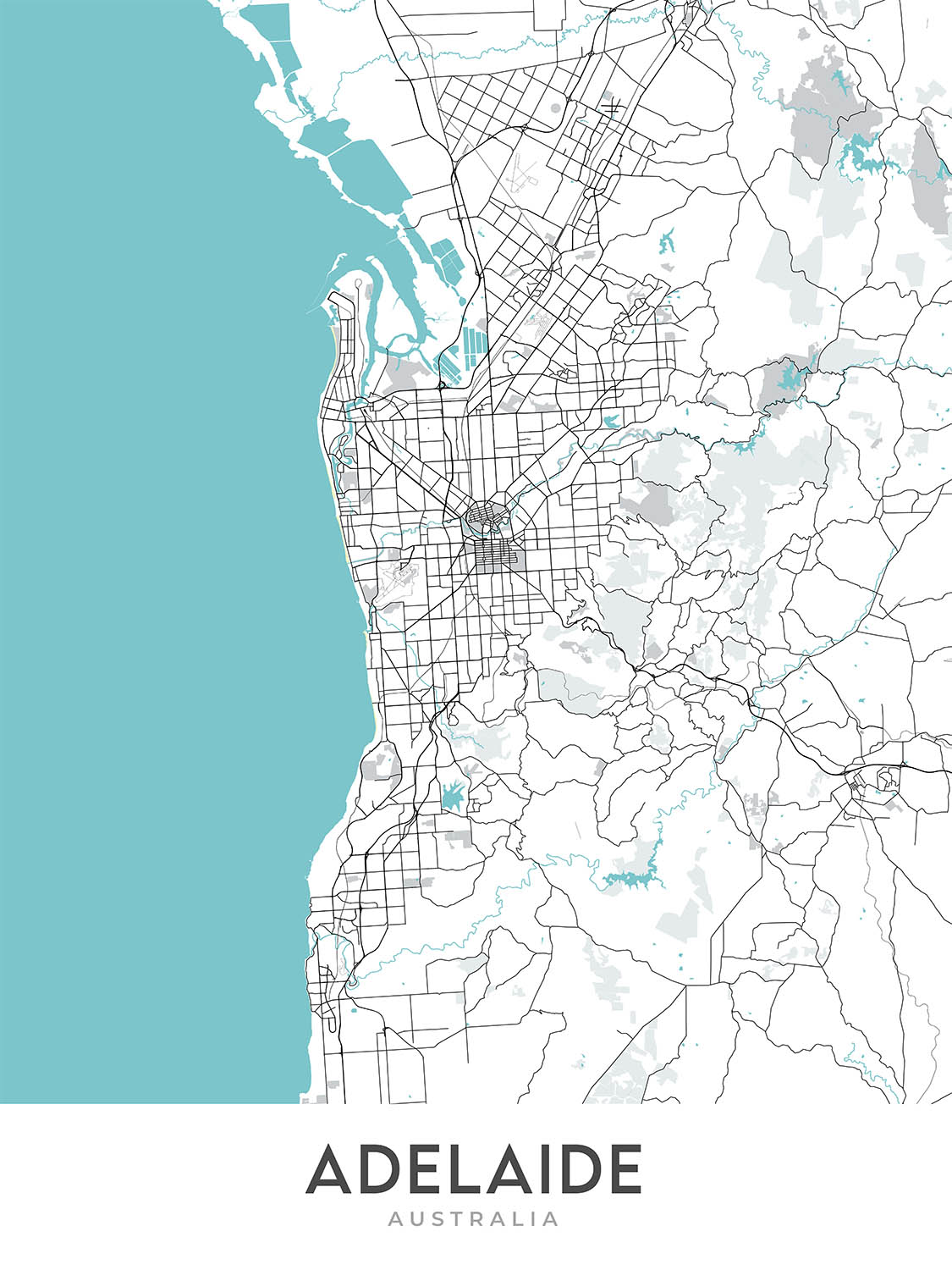 Plan de la ville moderne d'Adélaïde, Australie : CBD, Glenelg, Adelaide Oval, jardins botaniques, zoo d'Adélaïde