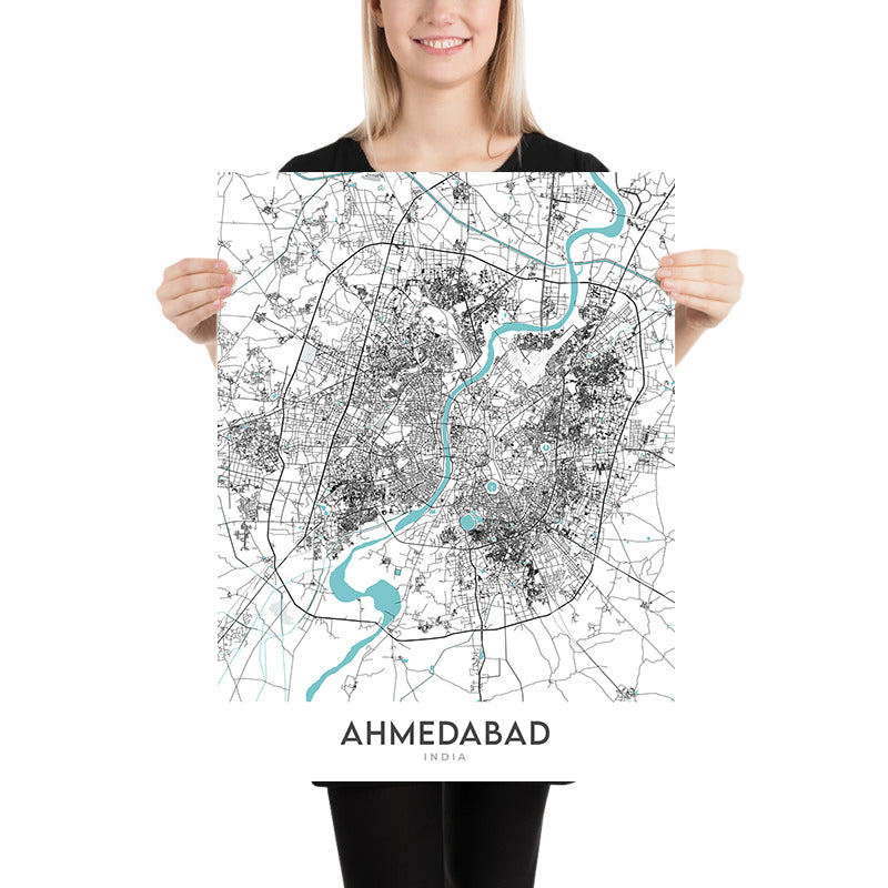 Plan de la ville moderne d'Ahmedabad, Gujarat : rivière Sabarmati, lac Kankaria, route CG, autoroute SG, Vastrapur