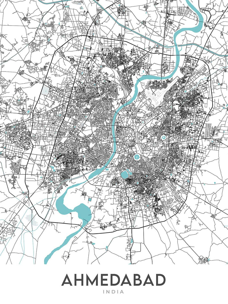 Sabarmati Map Modern City Map of Ahmedabad, Gujarat: Sabarmati River, Kankaria Lake ...