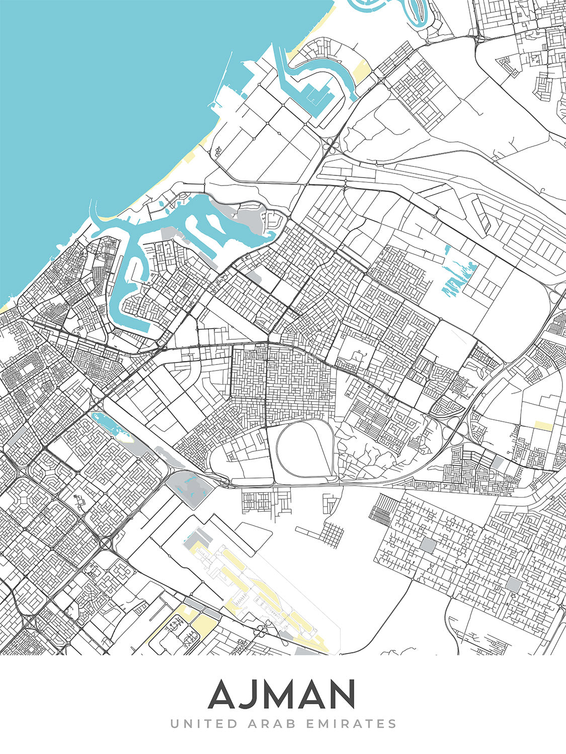 Mapa moderno de la ciudad de Ajman, Emiratos Árabes Unidos: Al Nuaimiya, Al Rawda, Al Zahra, Sheikh Khalifa Bin Zayed Street, Sheikh Ammar Bin Humaid Street