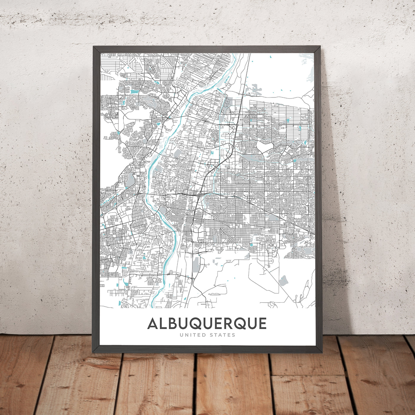 Mapa moderno de la ciudad de Albuquerque, NM: centro, casco antiguo, Universidad de Nuevo México, montañas Sandia, Río Grande