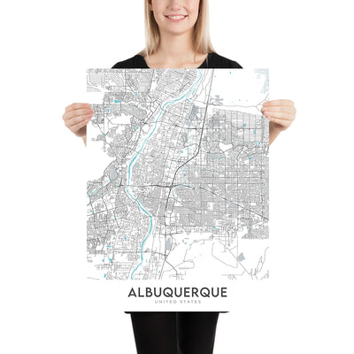 Moderner Stadtplan von Albuquerque, NM: Innenstadt, Altstadt, Universität von New Mexico, Sandia Mountains, Rio Grande
