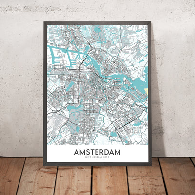 Moderner Stadtplan von Amsterdam, Niederlande: Rijksmuseum, Van Gogh Museum, Stedelijk Museum, Anne Frank Haus, Königlicher Palast