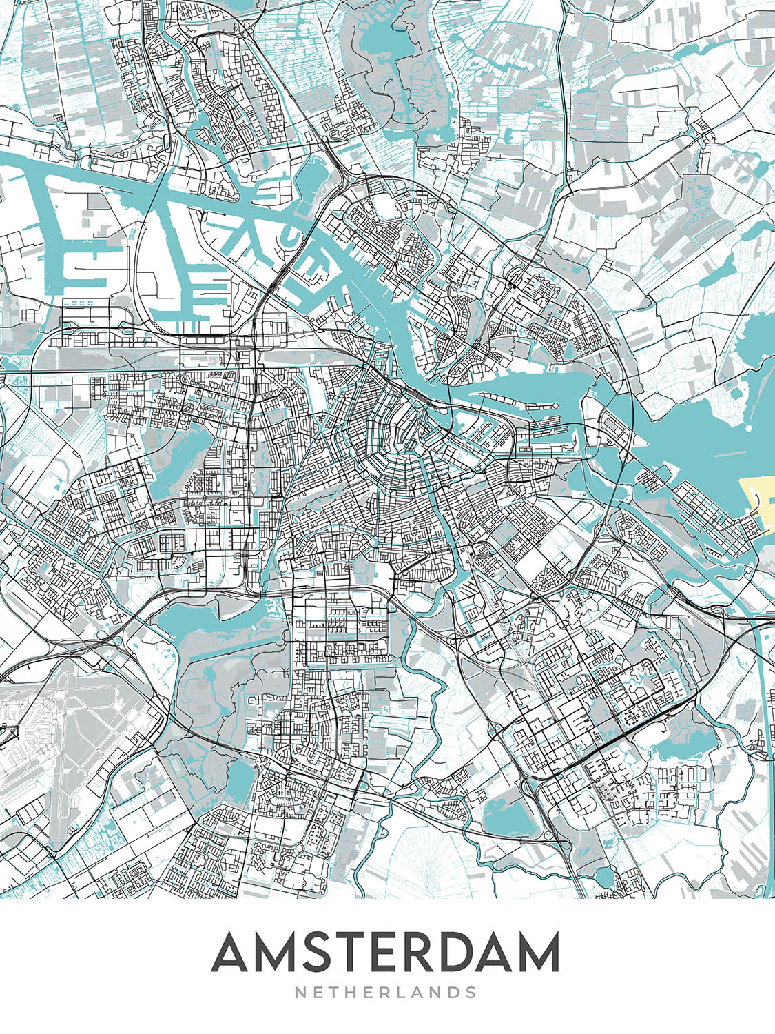 Moderner Stadtplan von Amsterdam, Niederlande: Rijksmuseum, Van Gogh Museum, Stedelijk Museum, Anne Frank Haus, Königlicher Palast
