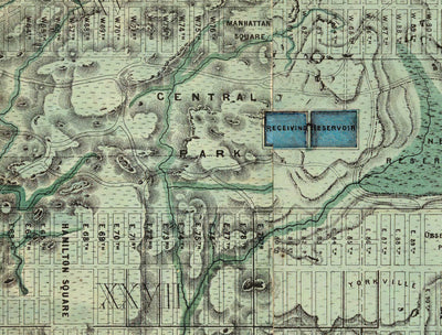 Mapa antiguo de las alcantarillas y vías fluviales de Manhattan en 1865 por Ferdinand Mayer & Co - Hudson River, East River, Blackwells Island, NYC, Central Park