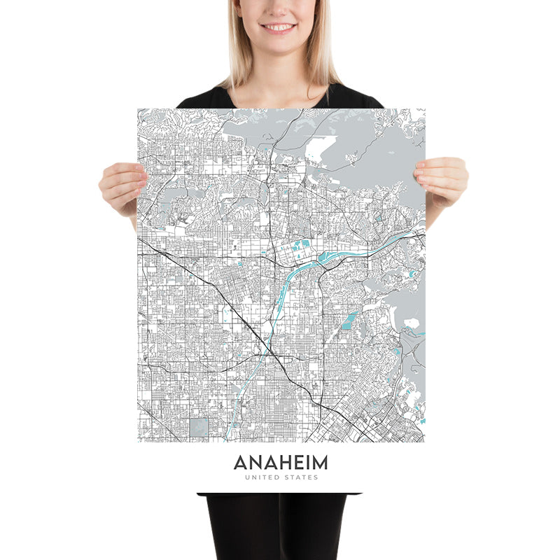 Modern City Map of Anaheim, CA: Disneyland, Angel Stadium, Honda Center, Anaheim Convention Center, Fullerton