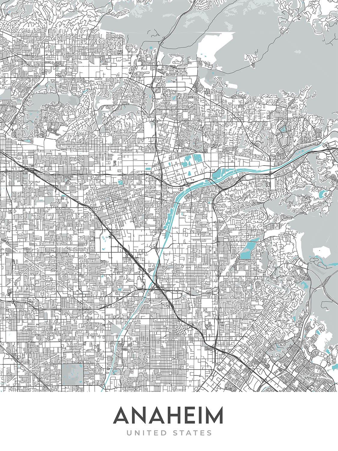 Modern City Map of Anaheim, CA: Disneyland, Angel Stadium, Honda Center, Anaheim Convention Center, Fullerton