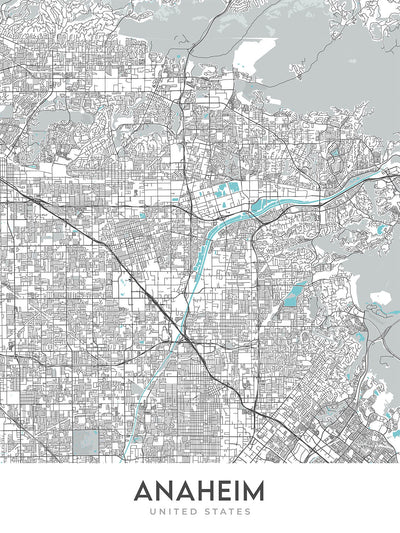 Mapa moderno de la ciudad de Anaheim, CA: Disneyland, Angel Stadium, Honda Center, Anaheim Convention Center, Fullerton