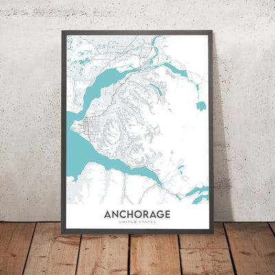Mapa moderno de la ciudad de Anchorage, AK: centro, aeropuerto, puerto, montañas, parques
