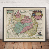Old Map of Anglia and Schwansen by Joan Blaeu, 1665: Flensburg, Schleswig, Glücksburg, Kappeln, Süderbrarup, Baltic Sea, Fjords
