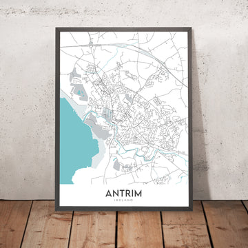 Modern Town Map of Antrim, Northern Ireland: Castle Gardens, Round Tower, Dublin Rd, Lough Neagh, A26
