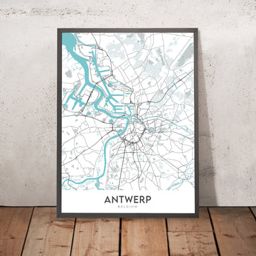 Mapa moderno de la ciudad de Amberes, Bélgica: estación central, catedral, ayuntamiento, zoológico, distrito de los diamantes