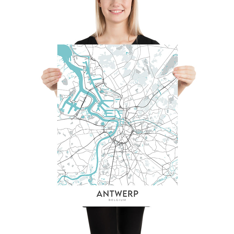 Plan de la ville moderne d'Anvers, Belgique : gare centrale, cathédrale, hôtel de ville, zoo, quartier des diamantaires