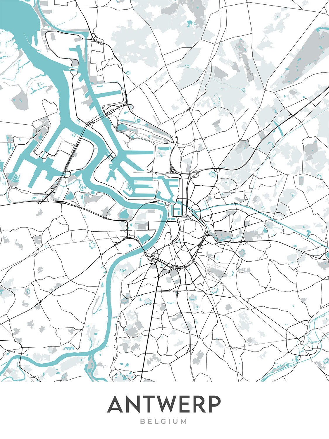 Mapa moderno de la ciudad de Amberes, Bélgica: estación central, catedral, ayuntamiento, zoológico, distrito de los diamantes