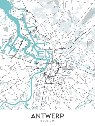 Modern City Map of Antwerp, Belgium: Central Station, Cathedral, City Hall, Zoo, Diamond District