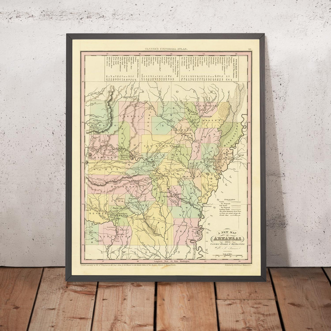 Alte Karte von Arkansas von H. S. Tanner, 1836: Little Rock, Fort Smith, Pine Bluff, Batesville, Washington, Straßen, Eisenbahn, Kanäle