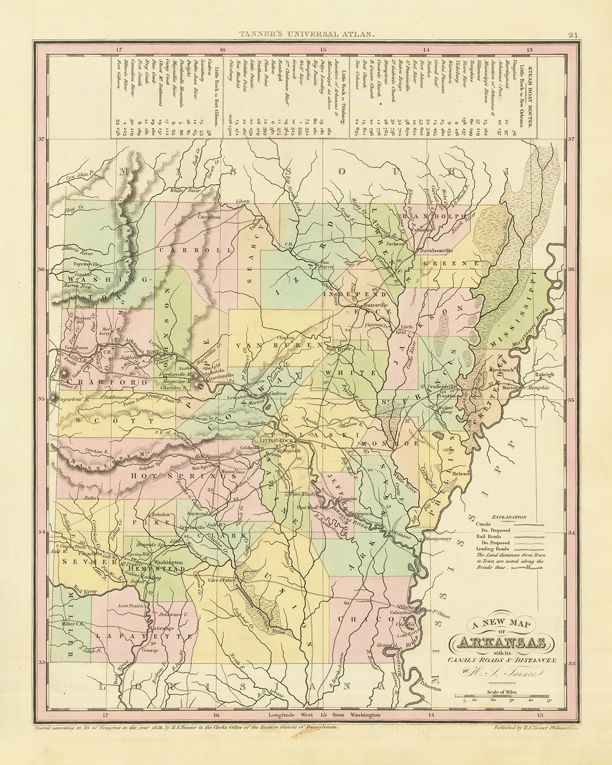 Mapa antiguo de Arkansas por H. S. Tanner, 1836: Little Rock, Fort Smith, Pine Bluff, Batesville, Washington, Carreteras, Ferrocarril, Canales