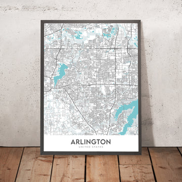 Moderne Stadtkarte von Arlington, TX: AT&T Stadion, Globe Life Field, Six Flags, UTA, Pantego 