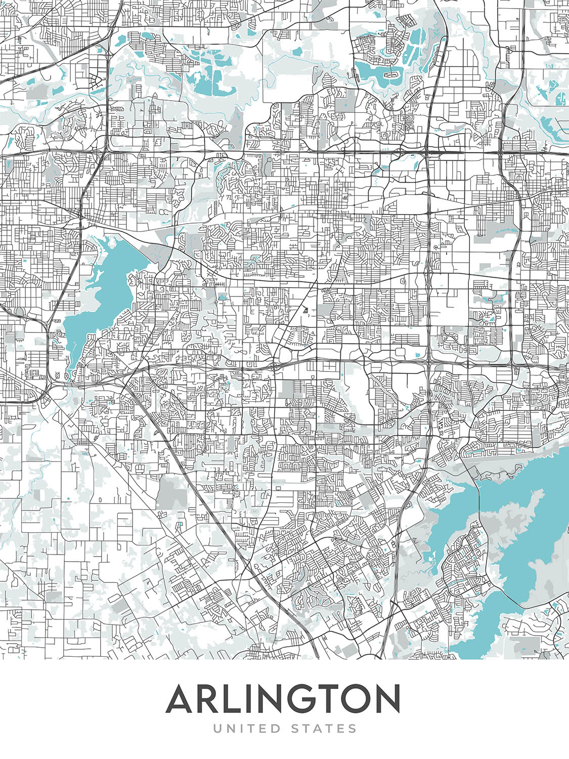 Plan de la ville moderne d'Arlington, Texas : stade AT&T, Globe Life Field, Six Flags, UTA, Pantego