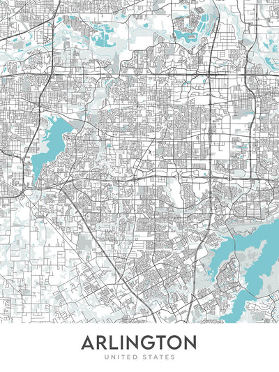 Mapa moderno de la ciudad de Arlington, TX: AT&T Stadium, Globe Life Field, Six Flags, UTA, Pantego