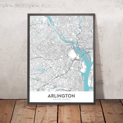 Mapa moderno de la ciudad de Arlington, VA: Cementerio Nacional de Arlington, Pentágono, Casa Blanca, Crystal City, Rosslyn