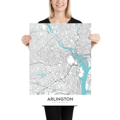 Mapa moderno de la ciudad de Arlington, VA: Cementerio Nacional de Arlington, Pentágono, Casa Blanca, Crystal City, Rosslyn
