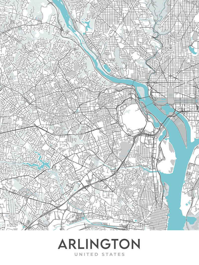 Modern City Map of Arlington, VA: National Cemetery, Pentagon, White H ...